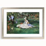 Textured art print featuring abstract depiction of a lakeside scene in muted blues and greens on a framed silver canvas.