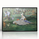 Large abstract wall art by Claude Monet with vibrant blue and green hues on a black framed acrylic.