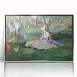 Mid-century modernist art of a Claude Monet design in a silver-framed acrylic, featuring soft pastel colors.