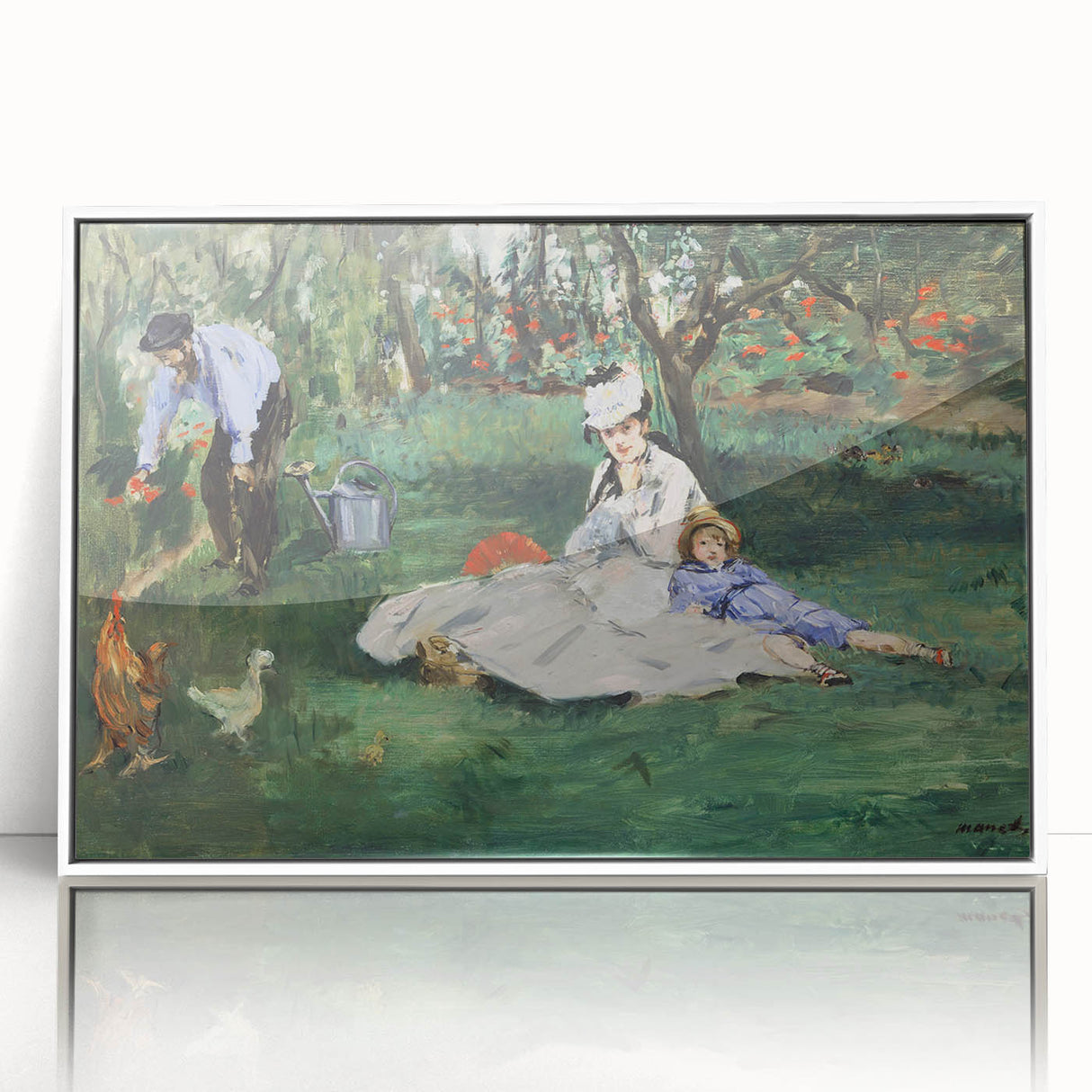 Acrylic print of Claude Monet's artwork featuring soft pastel shades, framed in white, suitable for nursery wall art.