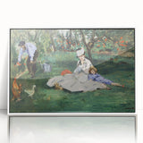 Acrylic print of Claude Monet's artwork featuring soft pastel shades, framed in white, suitable for nursery wall art.