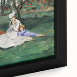 Close-up of a textured Claude Monet painting on framed canvas, featuring vibrant, colorful brush strokes.