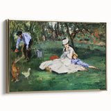 Framed canvas of Claude Monet's landscape painting in muted greens and blues, ideal for bedroom wall art.