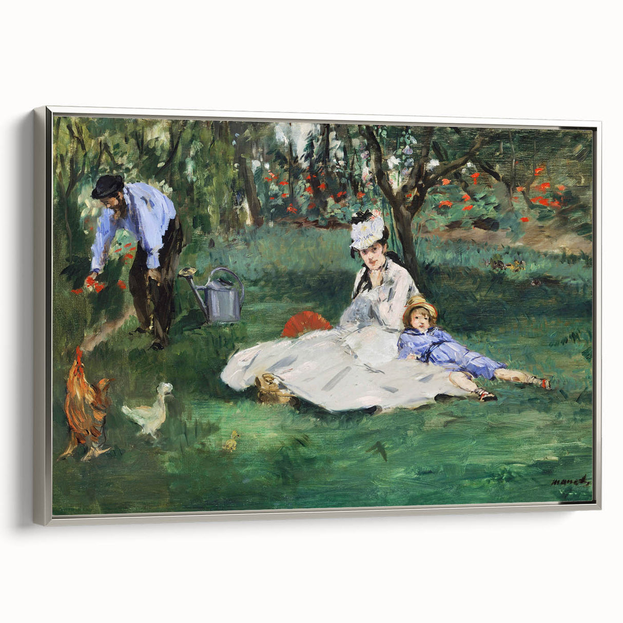 Landscape art painting by Claude Monet featuring colorful water lilies on a black framed canvas, ideal for living room decor.