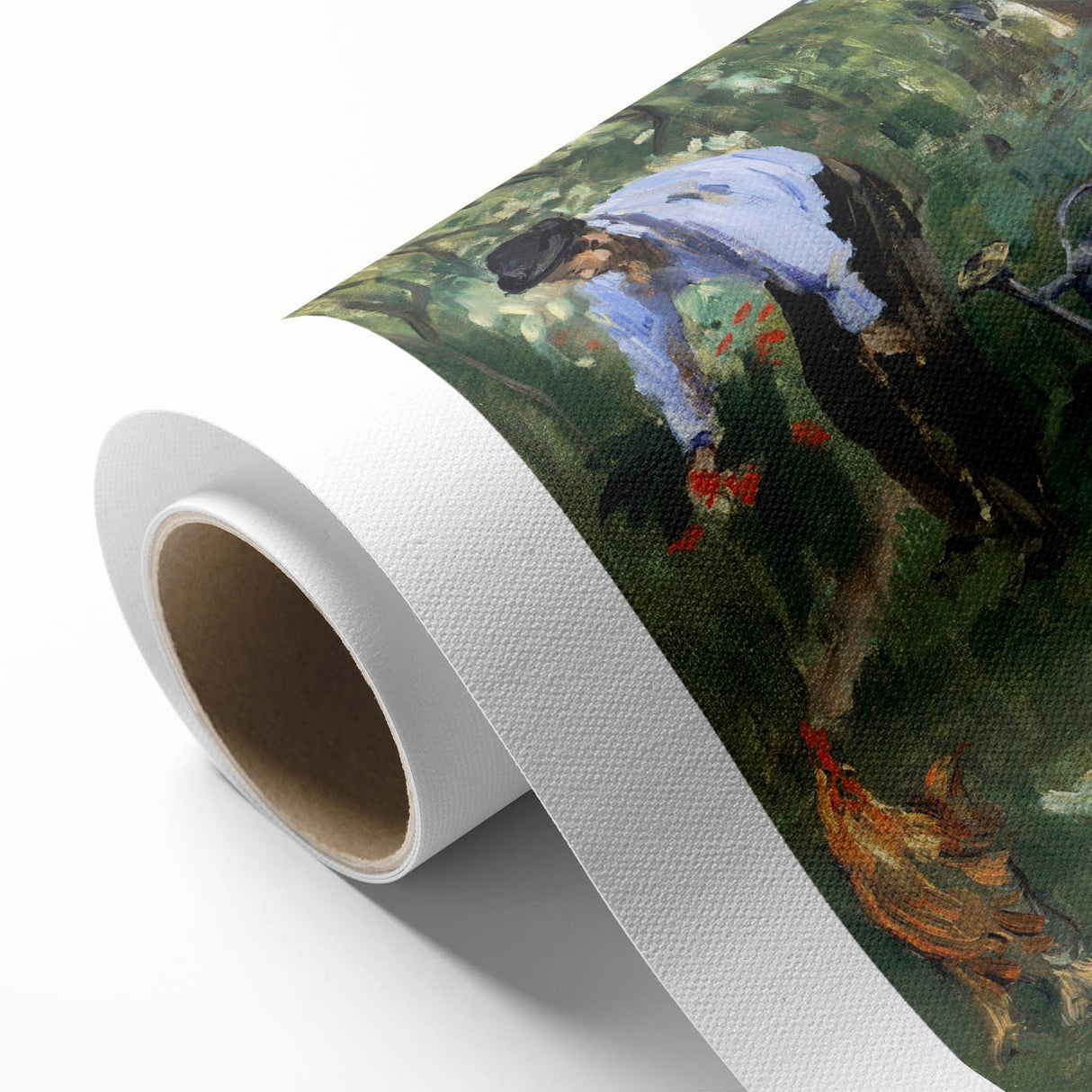 Art Deco-style poster of Claude Monet's paintings on a rolled canvas, featuring soft pastel colors.