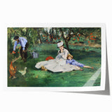 Extra large rolled print of Claude Monet's floral paintings in muted greens and blues.