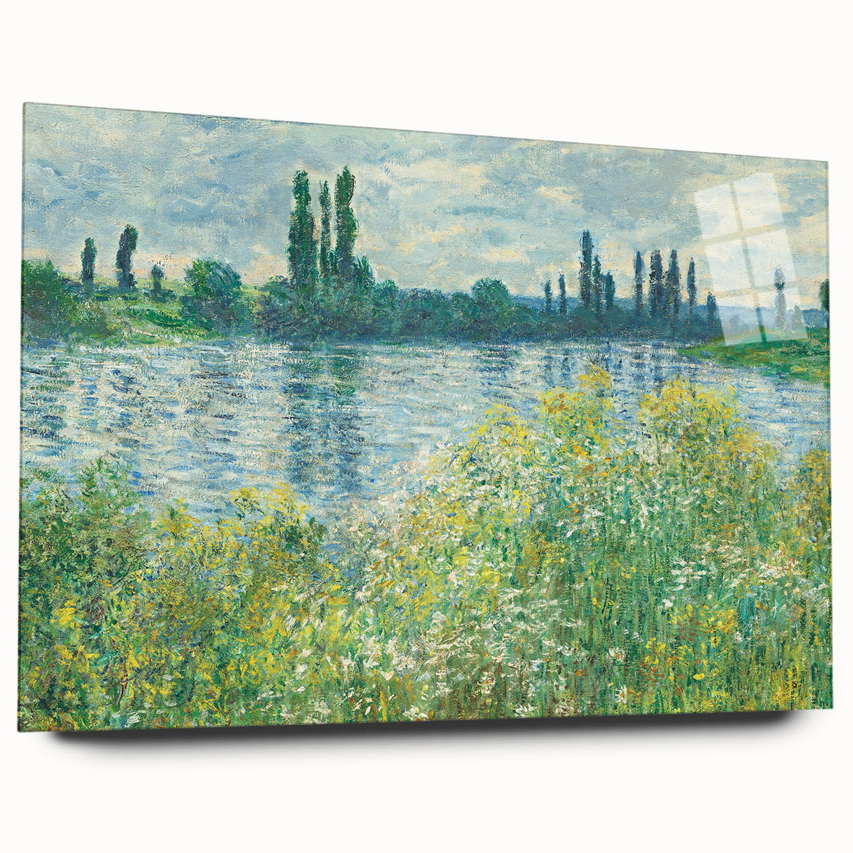 Large abstract wall art depicting Claude Monet's impressionist style in vibrant blues and greens on acrylic glass.