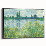 Black and white landscape art painting on framed canvas, featuring a vintage poster-style depiction of a serene river scene.