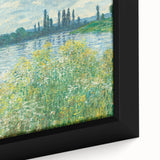 Close-up of a framed canvas featuring a Claude Monet impressionist painting with textured brush strokes in vibrant.