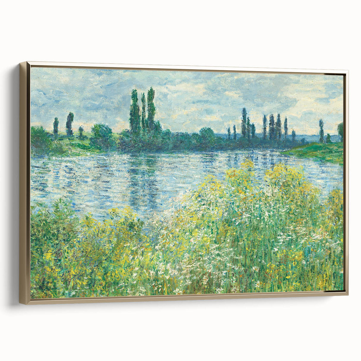 Framed canvas of Claude Monet's vintage poster art, featuring colorful impressionist style, ideal for living room decor.