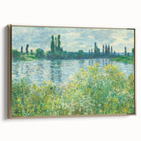 Framed canvas of Claude Monet's vintage poster art, featuring colorful impressionist style, ideal for living room decor.