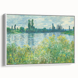 Framed canvas of Claude Monet's landscape art painting featuring colorful vintage-style garden scenery.