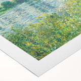 Art deco poster featuring a Claude Monet garden scene in soft pastel shades on rolled canvas, suitable for dining room decor.