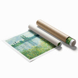 Large rolled canvas print of Claude Monet's floral painting in soft pastel shades, ideal for classy bathroom wall art.