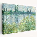 Side view of a Claude Monet-inspired stretched canvas depicting a serene pond scene, ideal for kitchen wall art.