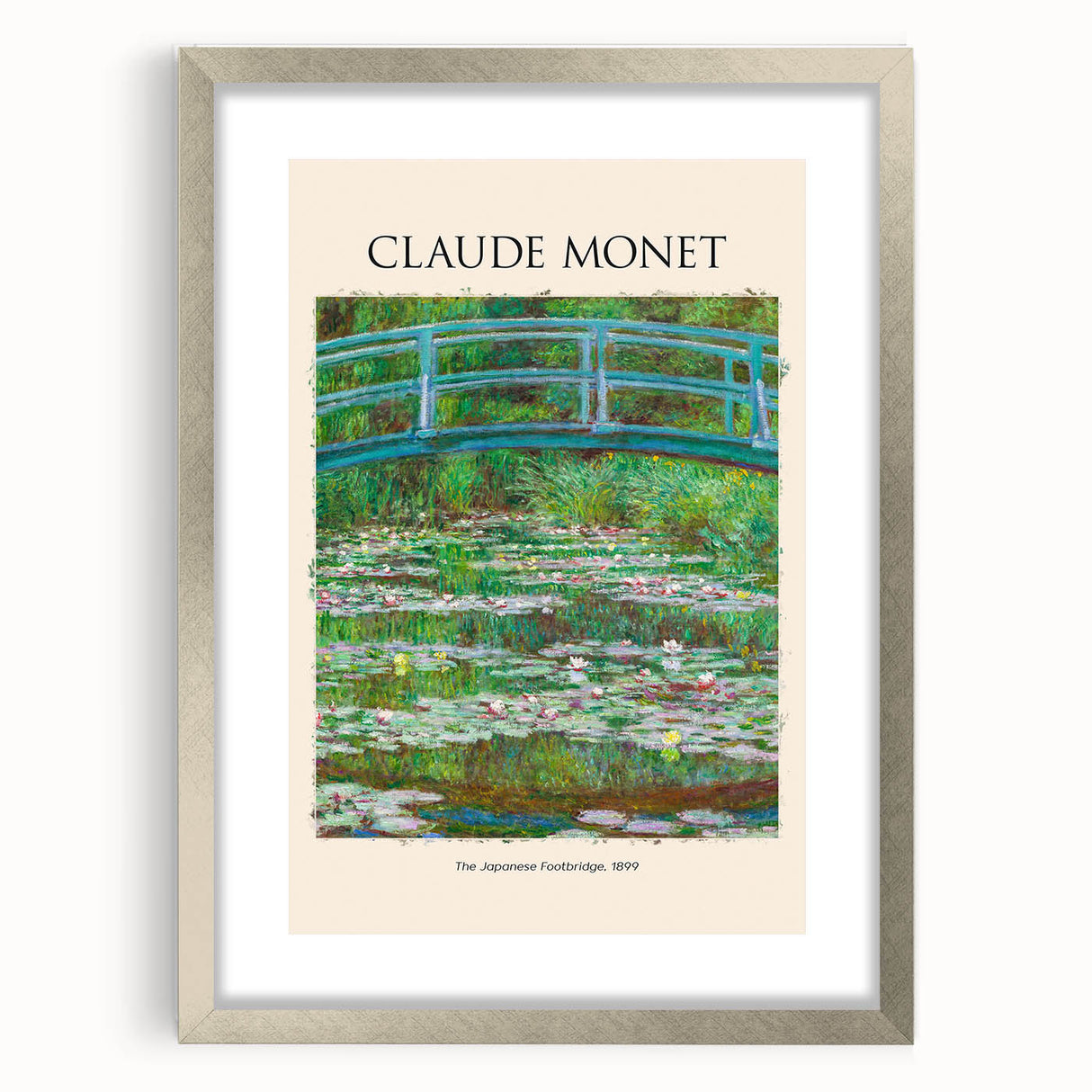 Textured abstract art print of a Claude Monet painting in muted colors on a silver-framed canvas, ideal for bedroom art.