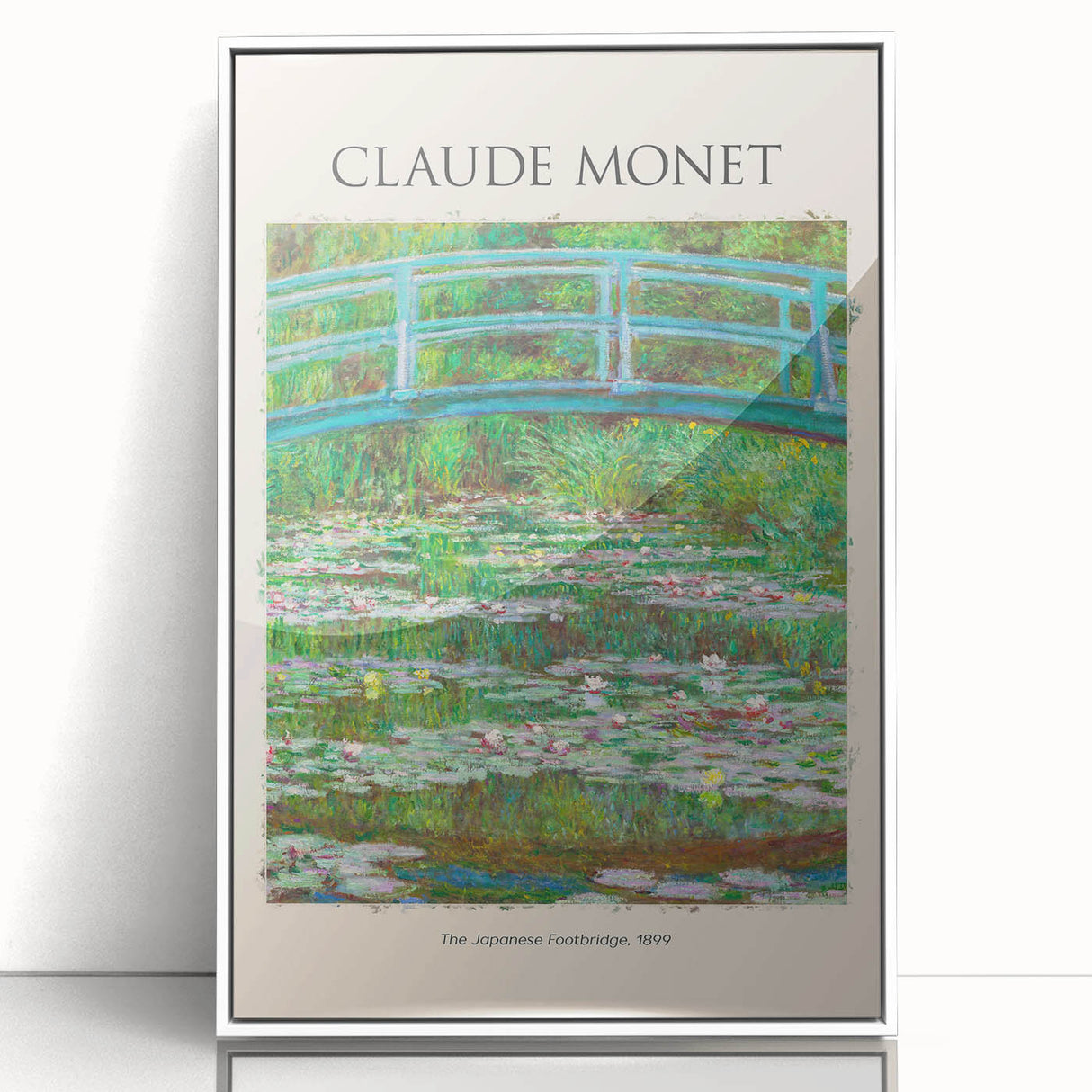 Art deco poster featuring a Claude Monet-inspired landscape, with soft pastel colors on acrylic, framed in white.