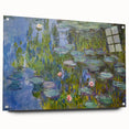 Large abstract wall art by Claude Monet in muted blues and greens on acrylic glass.