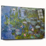 Large abstract wall art by Claude Monet in muted blues and greens on acrylic glass.