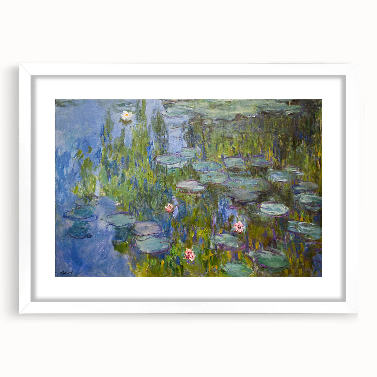 Abstract art print of a Claude Monet-inspired scene in pastel shades on a white framed canvas.