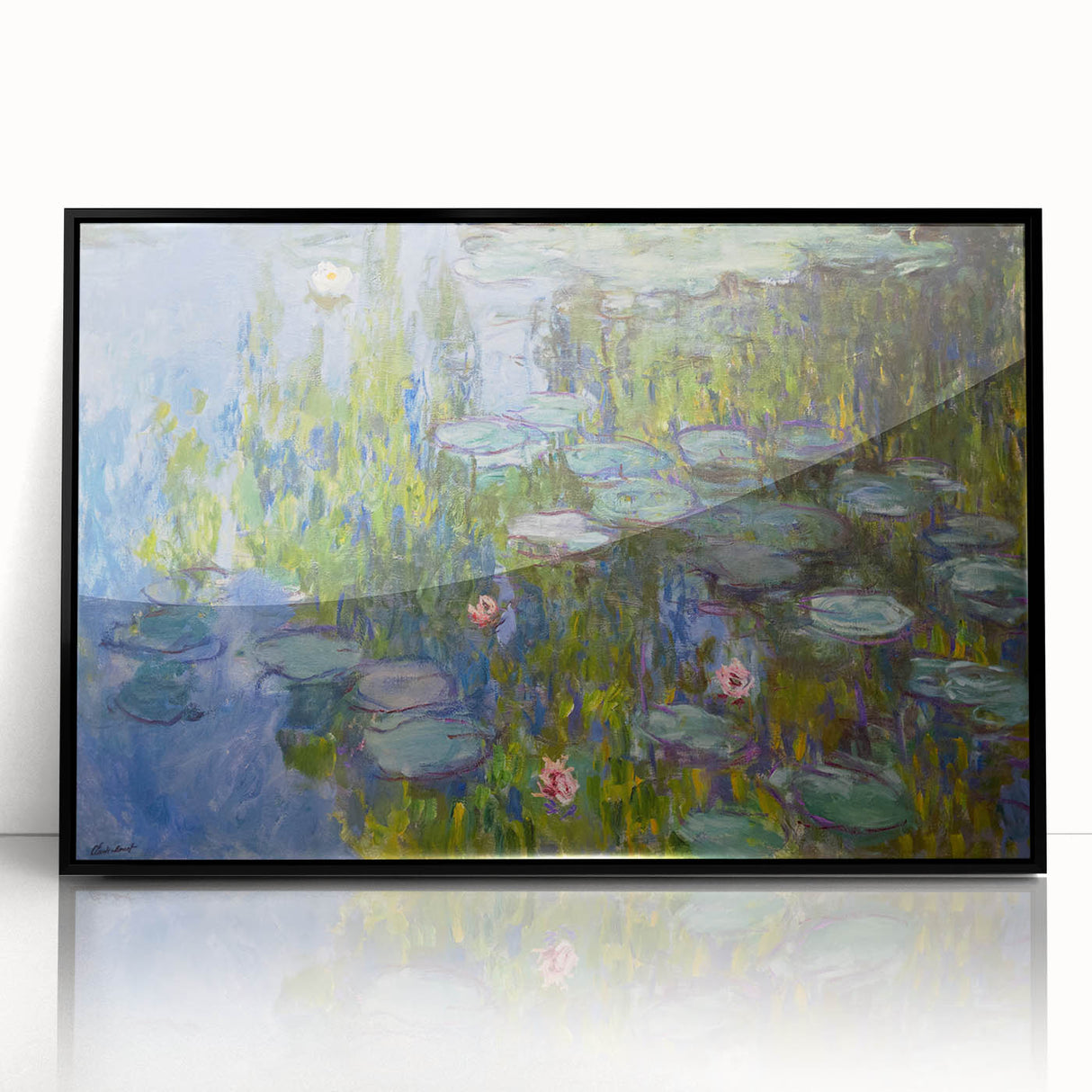 Large abstract wall art featuring a Claude Monet-inspired design in muted blues and greens on a framed acrylic.