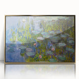 Large art print of a Claude Monet landscape in acrylic gold frame, featuring soft pastel colors.