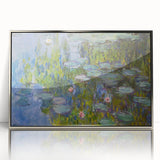 Mid-century modernist art depicting a Claude Monet landscape on a framed acrylic, with muted green and blue tones.
