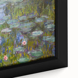Extra large framed canvas of a Claude Monet painting, featuring textured, colorful art with black accents.