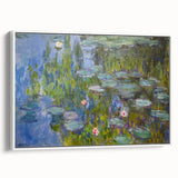 Framed canvas of Claude Monet's vintage poster art, featuring colorful impressionist garden scene.