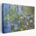 Side view of a Claude Monet stretched canvas featuring a garden scene in soft greens and blues, ideal for kitchen wall art.