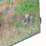 Large abstract wall art by Claude Monet in mid-century modernist style, featuring muted blue and green hues on acrylic glass.