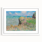 Abstract art print of a Claude Monet-inspired scene in muted green and blue tones, framed in white.