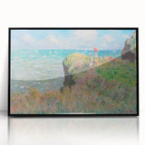 Large abstract wall art featuring a Claude Monet-inspired landscape in muted green and blue tones, framed in black acrylic.