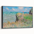 Black and white framed canvas of Claude Monet landscape art, ideal for bedroom decor.