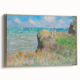 Framed canvas of Claude Monet landscape painting with soft pastel hues, ideal for bedroom wall art.