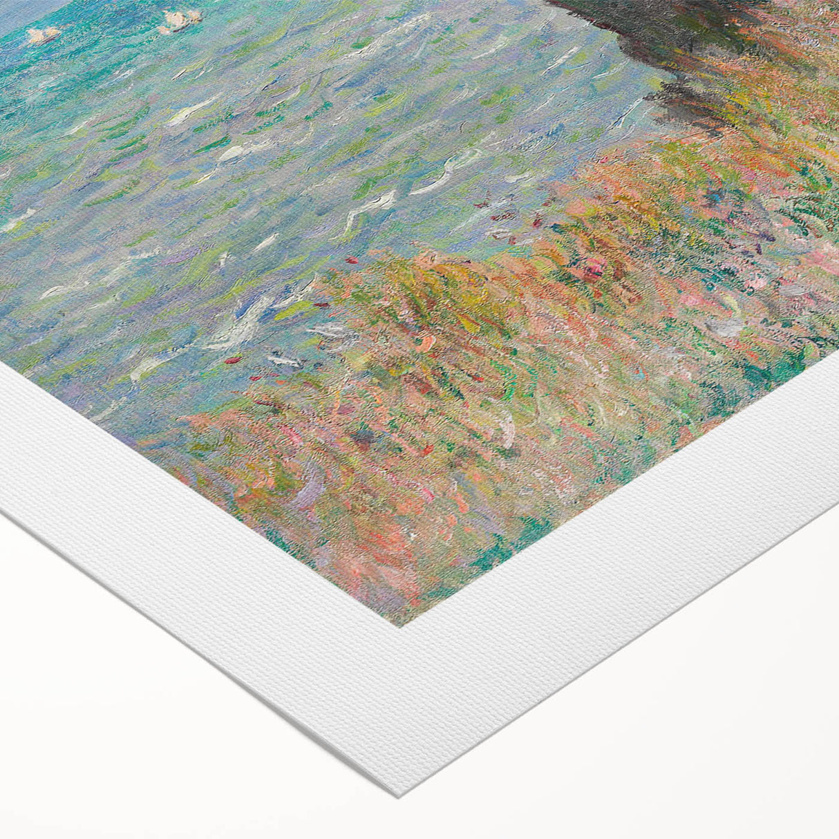 Art deco poster featuring a Claude Monet painting on rolled canvas, with soft pastel shades, ideal for dining room wall art.