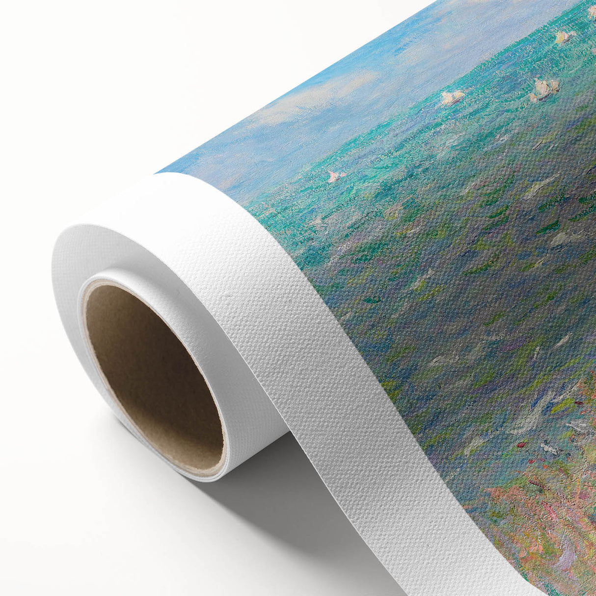 Art Deco style poster featuring Claude Monet's impressionist painting on rolled canvas.