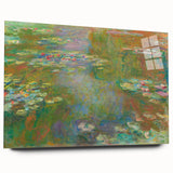 Large abstract wall art featuring Claude Monet-inspired water lilies in soft blue and green tones on acrylic glass.