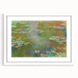 Abstract art print of a Claude Monet painting in white frame, with soft pastel colors.