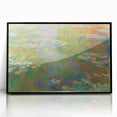 Large abstract wall art featuring Claude Monet's impressionist style with vibrant blues and greens, framed in black acrylic.