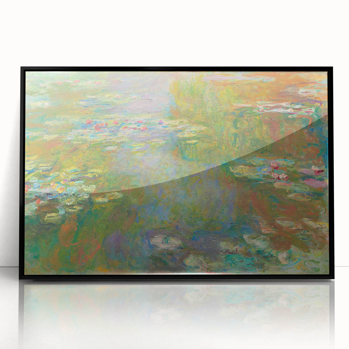 Large abstract wall art featuring Claude Monet's impressionist style with vibrant blues and greens, framed in black acrylic.
