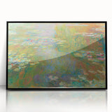Large abstract wall art featuring Claude Monet's impressionist style with vibrant blues and greens, framed in black acrylic.
