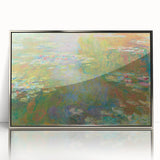 Mid-century modernist art by Claude Monet, featuring soft pastel shades on a silver-framed acrylic.