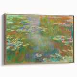 Framed canvas featuring a Claude Monet landscape painting in muted greens and blues, ideal for bedroom wall art.