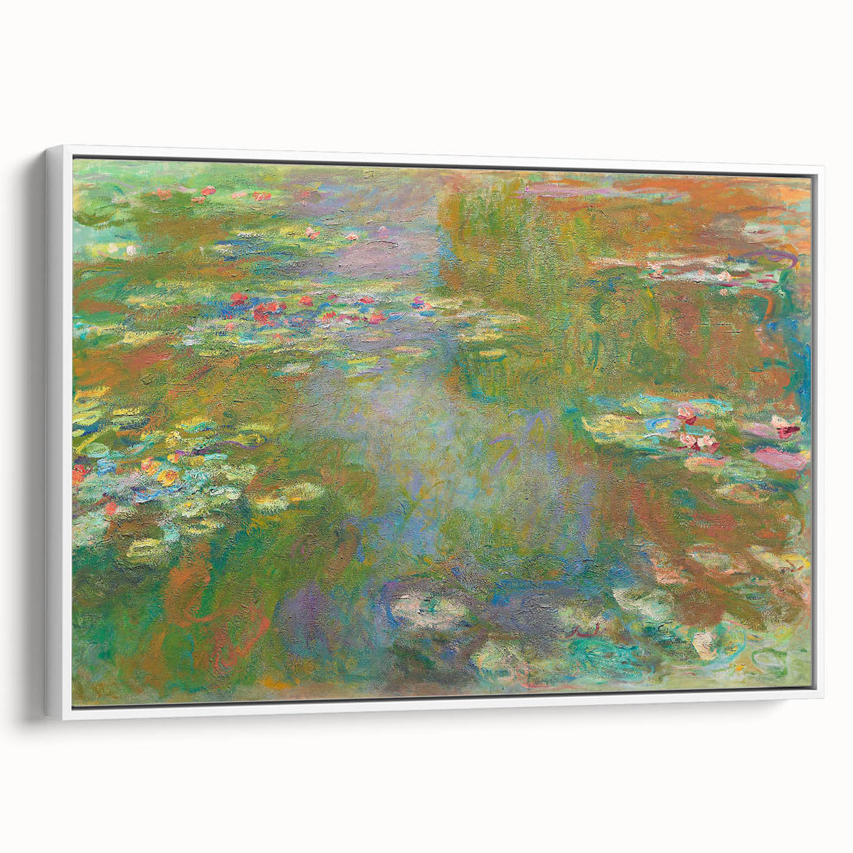 Framed canvas of Claude Monet's vintage poster art featuring colorful impressionistic garden scene.