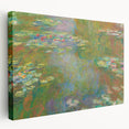 Side view of a Claude Monet-inspired impressionist canvas depicting water lilies, with soft blue and green tones.