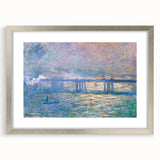 Textured abstract art print of a Claude Monet painting in silver frame with mat, featuring soft pastel colors.