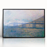 Large abstract wall art featuring a Claude Monet-inspired design in muted blues and greens on a framed acrylic.