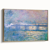 Framed canvas featuring a Claude Monet landscape painting in soft pastel shades, ideal for bedroom wall art.