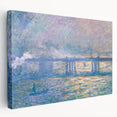 Side view of a Claude Monet impressionist artwork on stretched canvas, featuring soft pastel hues.